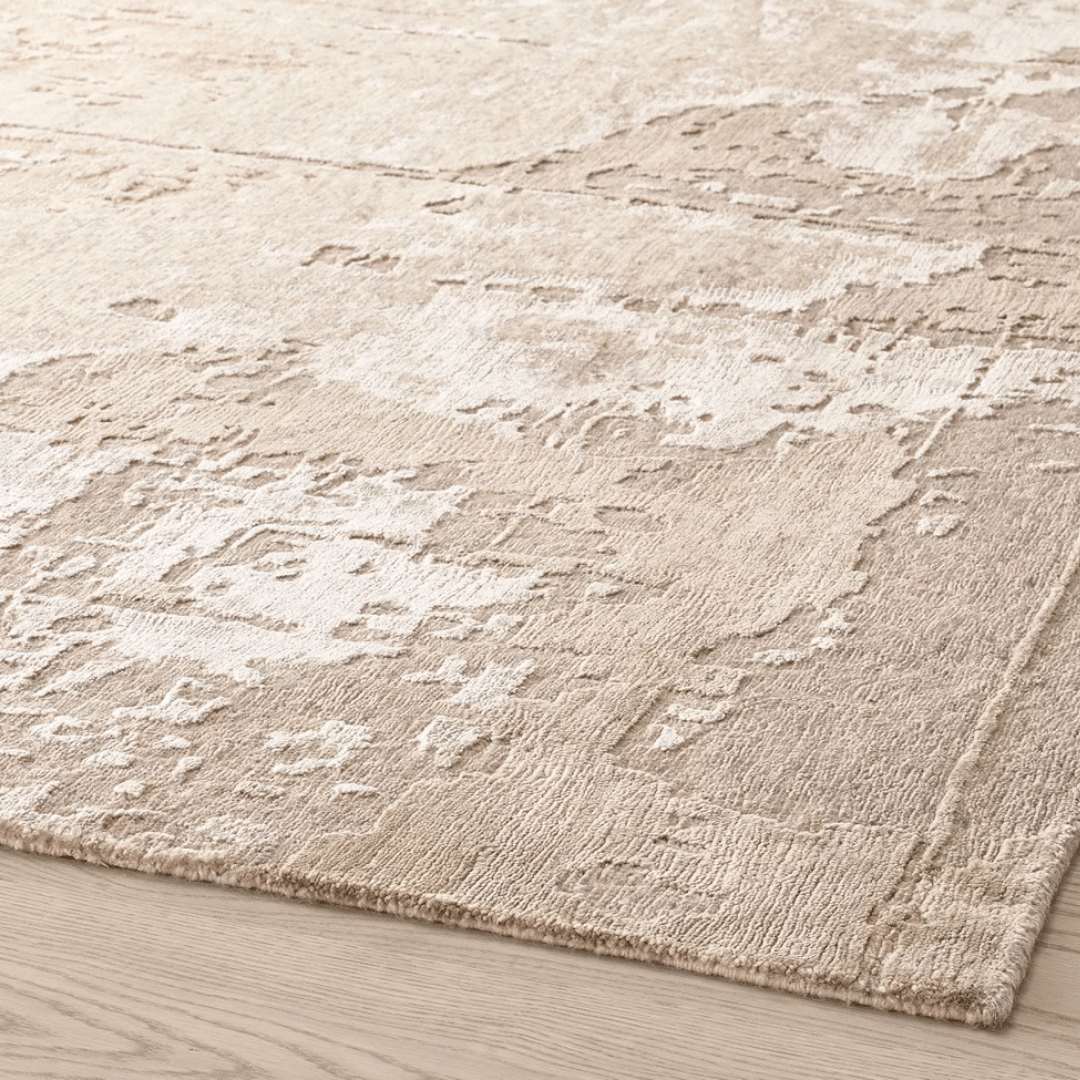 Tapis ivoire délavé | Laine et soie de luxe, noué à la main
